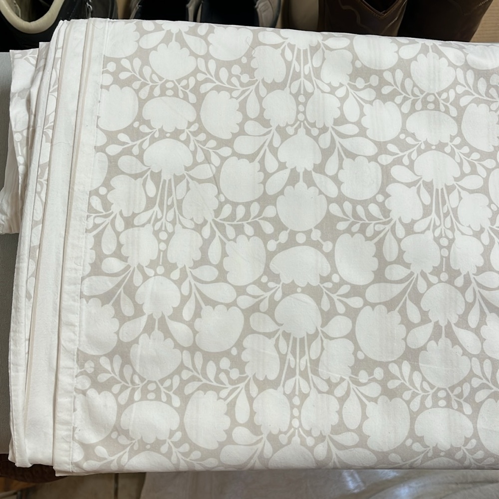 Garnet Hill organic cotton King duvet cover. Color is beige/sand with white.